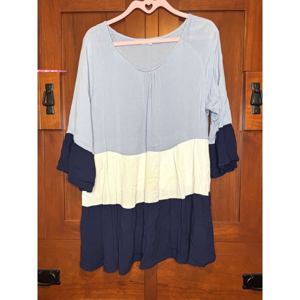Indigo Soul Color block Tiered Babydoll Top Light Blue, White & Navy Size XL